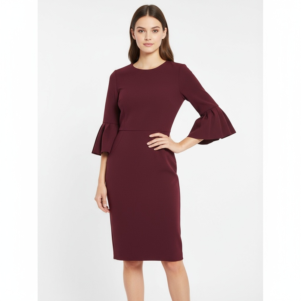Harper Rose Burgundy Round Neck 3/4 Bell Sleeves Pockets Pencil Dress